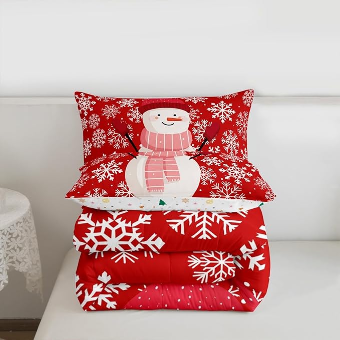 Feelyou Christmas Comforter Set All Season Snowman Red Bedding Set with 2 Pillow Cases Xmas Snowflakes Microfiber Kids Full Bedclothes Winter Snow Bedroom Decor Duvet Quilt Breathable Soft Lightweight