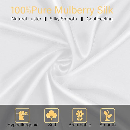 100% Mulberry Silk Pillowcase 2 Pack for Hair and Skin,with Hidden Zipper,Both Sides 22 Momme Natural Silk Pillow Cover,Soft Breathable & Smooth (White, King)