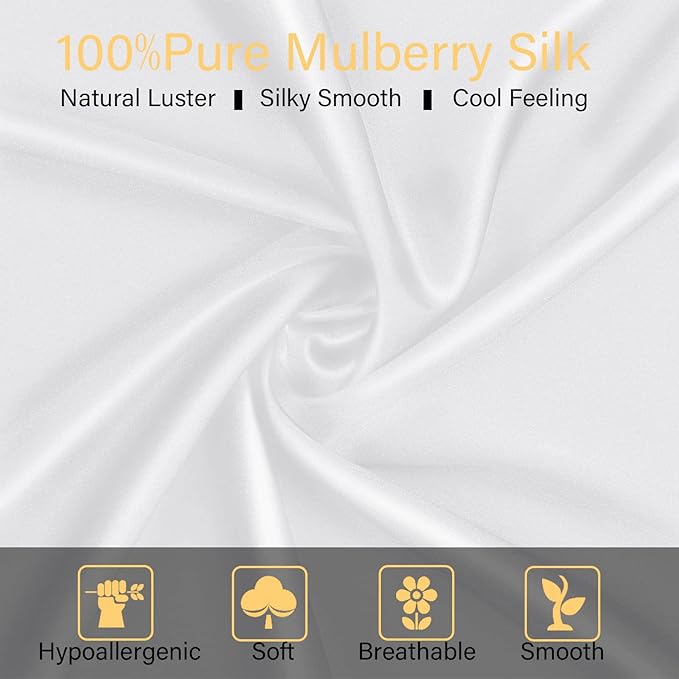 100% Mulberry Silk Pillowcase 2 Pack for Hair and Skin,with Hidden Zipper,Both Sides 22 Momme Natural Silk Pillow Cover,Soft Breathable & Smooth (White, Standard)