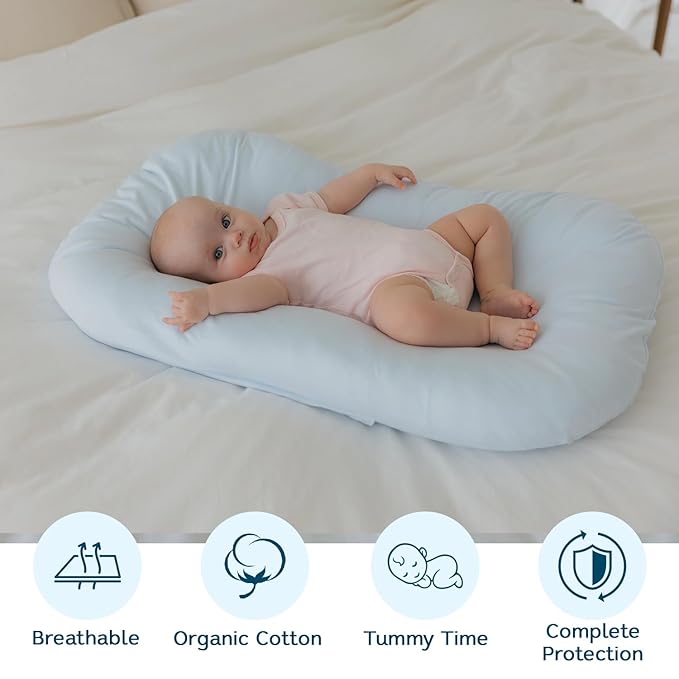 Aila + Aiden Baby Lounger | Organic Cotton Infant Lounger | Adjustable & Portable Floor Lounger | Supervised Use | Soft, Breathable, Washable Cover - Snuggle Collection - (Blue)