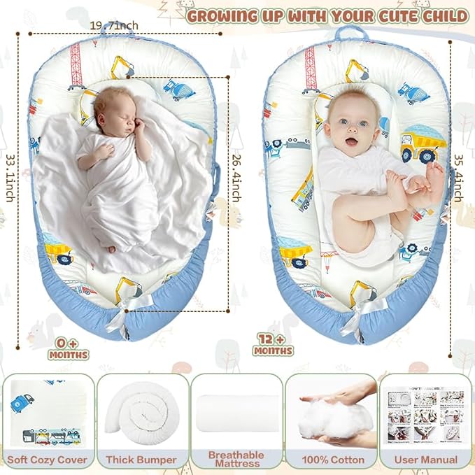 JIFTOK Baby Nests Lounger for Newborn, Snuggle Bassinet for 0-24M, Breathable Portable Co Bed, Baby Essentials Adjustable Infant Soft Cotton Loungers for Home & Travel -Car
