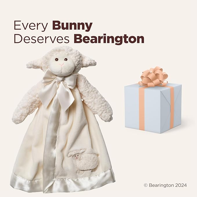Bearington Baby Lamby Snuggler - 15" White Lamb Plush Lovey for Babies - Soft Stuffed Animal Security Blanket with Satin Bow and Embroidered Eyes - Sweet Baptism Gift Blanket for Boys and Girls