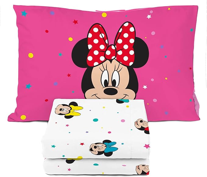 Sunny Side Up Disney Minnie Mouse Twin Sheet Set - 3 Piece Kids Bedding Set Includes Pillow Cover - Super Soft Rainbow Dots Microfiber Sheets