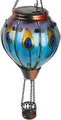 Solar Hot Air Balloon Lanterns with Flame with Shepherd's Hooks, Glass Hanging Flickering Lights Outdoor Waterproof for Garden Tree Yard Patio Mother's Day Gift, 18" H Peacock-Blue