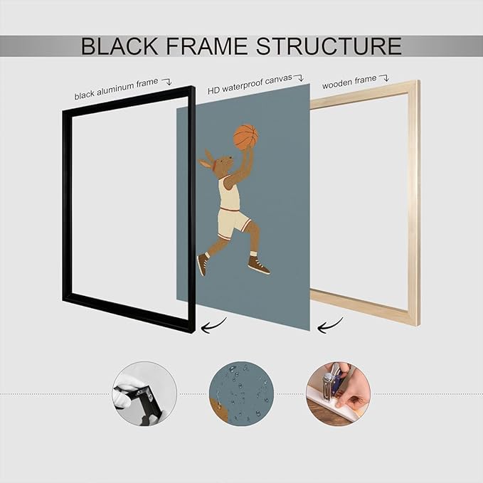 Basketball Canvas Wall Art, Nursery Animal Sports Posters, Bunny Rabbit Athletes Pictures, Positive Quote Print, Kids Bedroom Basketball Court & Hoop Decor 16x24in Framed