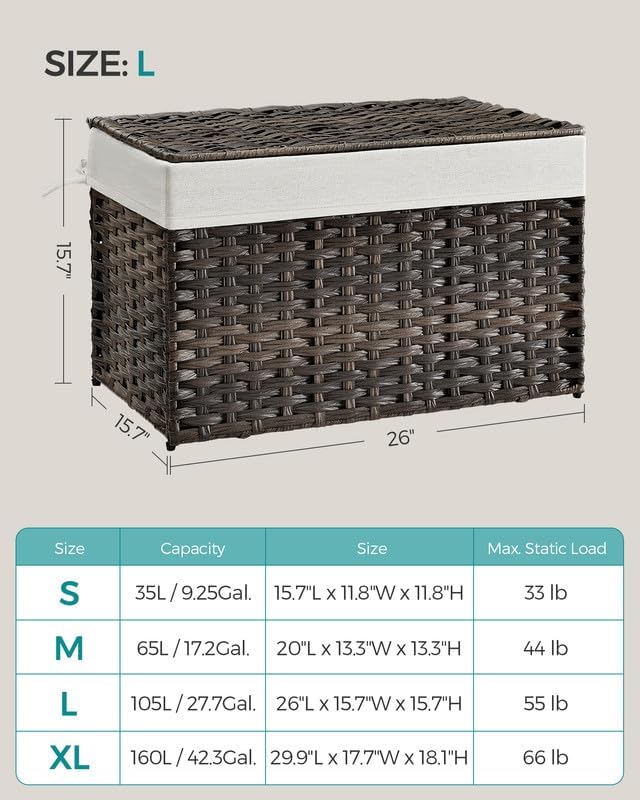 SONGMICS Storage Basket with Lid, 27.7 Gallon (105L) Storage Bin, Woven Blanket Storage Basket with Handles, Foldable, Removable Liner, Metal Frame, for Bedroom, Laundry Room, Brown URST066K01