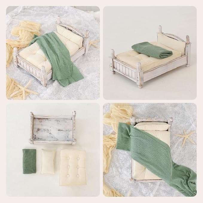 Kate Newborn Photography Props Retro Wooden Bed Posing Props Photoshoot Vintage Doll Bed with Mattress Pillow Bed Mat and Green Stretch Wrap for Baby Photography