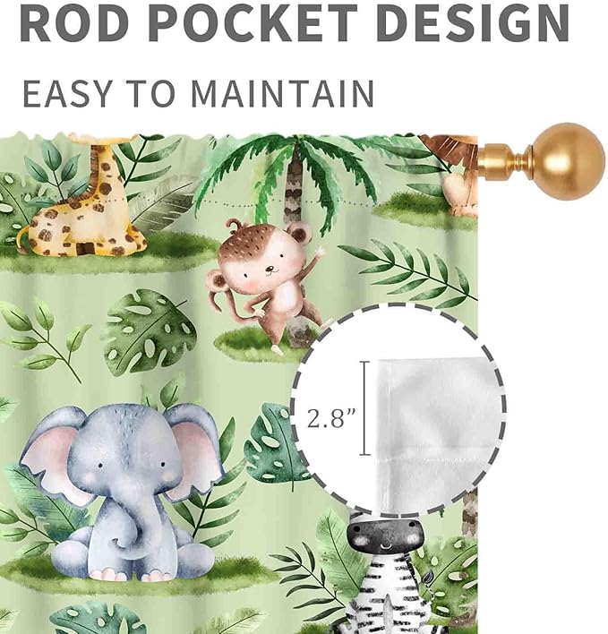 Jungle Safari Animals Curtains, Cartoon Animals Lion Giraffe Elephant Woodland Tropical Leaf Green Window Drapery for Kids Boys Girls Baby Living Room Bedroom Nursery 2 Panels, 84"x63" Inch