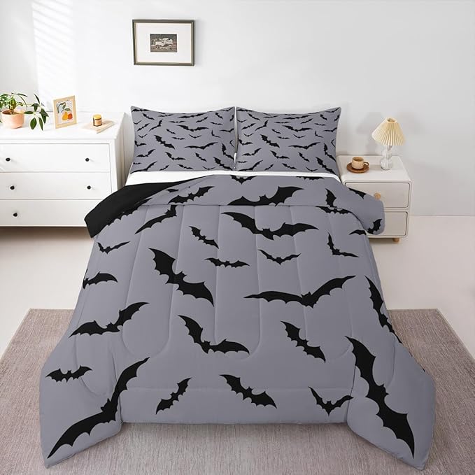 Erosebridal Halloween Comforter Set Black Bats Bedding Set King Size,Black Grey Halloween Decor Quilt for Kids Boys Girls Adults Gothic Spooky Bat Down Comforter,Horror Animals Decorations
