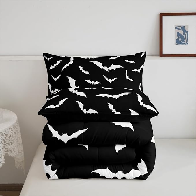 Erosebridal Bat Comforter Set Twin Size for Kids Bedroom with 1 Pillow Case Happy Halloween Bedding Set Gothic Spooky Duvet Insert Cartoon Style Quilt, Black White