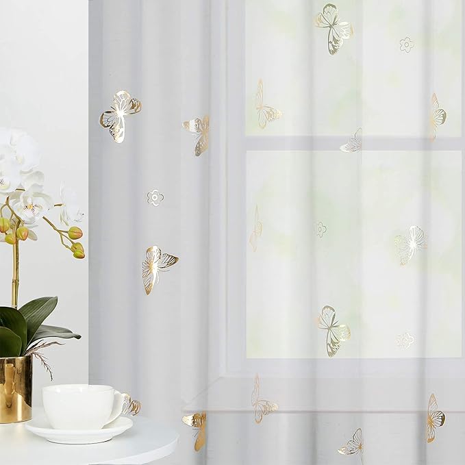 Jubilantex Grey Sheer Curtain with Gold Butterfly Pattern for Kids Room, Linen Textured Rustic Metallic Print 63 Inch Rod Pocket Window Drapes for Girls Bedroom Living Room, 2 Panels