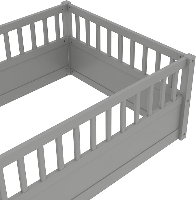Harper & Bright Designs Twin Floor Bed for Kids, Wood Floor Beds with High Guardrails, Montessori Bed Twin with Opening Door for Boys, Girls, Kids, Solid Wood Structure, Gray