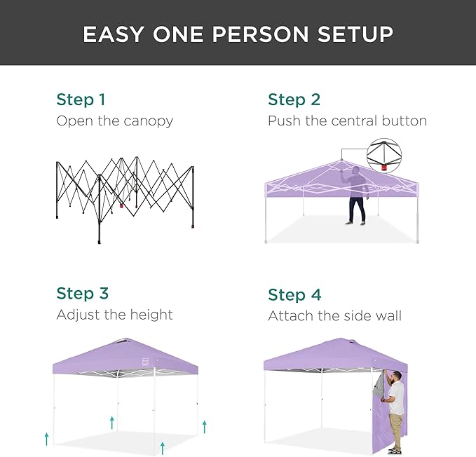 Best Choice Products 10x10ft Easy Pop Up Canopy w/Side Wall, 10 Pockets, Portable Carrying Case, 1-Button Setup, 4 Weight Bags - Lilac/White