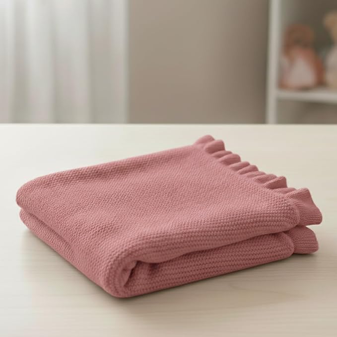 Cotton Baby Blanket with Ruffle Edge Soft Breathable Newborn Blanket for Boys & Girls, Lightweight Knit Throw for Crib, Stroller & Nursery Multiple Colors Available Rose Pink 28x36