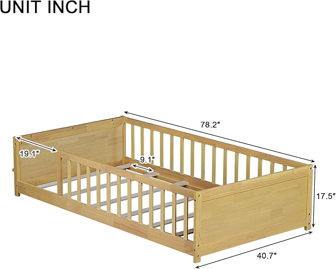 Floor Bed with Rails Twin Size, Wood Montessori Floor Bed with Storage Bookcase, Kids Bed Frame with Fence for Boys Girls, Natural