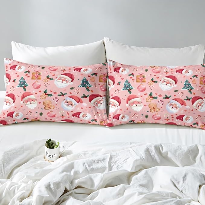 Feelyou Christmas Bedding Set Pink Christmas Duvet Cover Set for Kids Boys Girls Cookies Comforter Cover Christmas Tree Quilt Cover Bedroom Collection 3Pcs Full Size,No Comforter