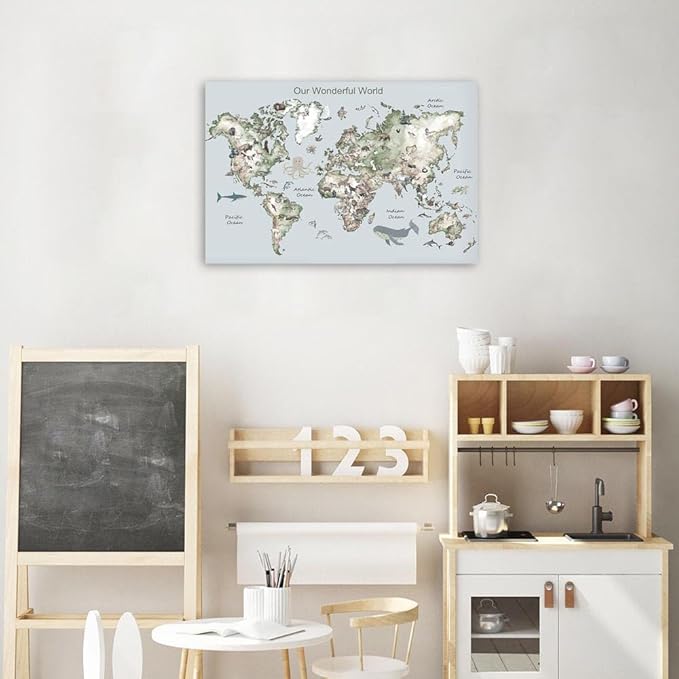 Educational Posters for Toddlers 1-3, Toddler Learning Poster for Kids Ages 3-5, World Map Canvas Print Nursery Preschool Homeschool Kindergarten Classroom Decor 12x18 Inch Framed B