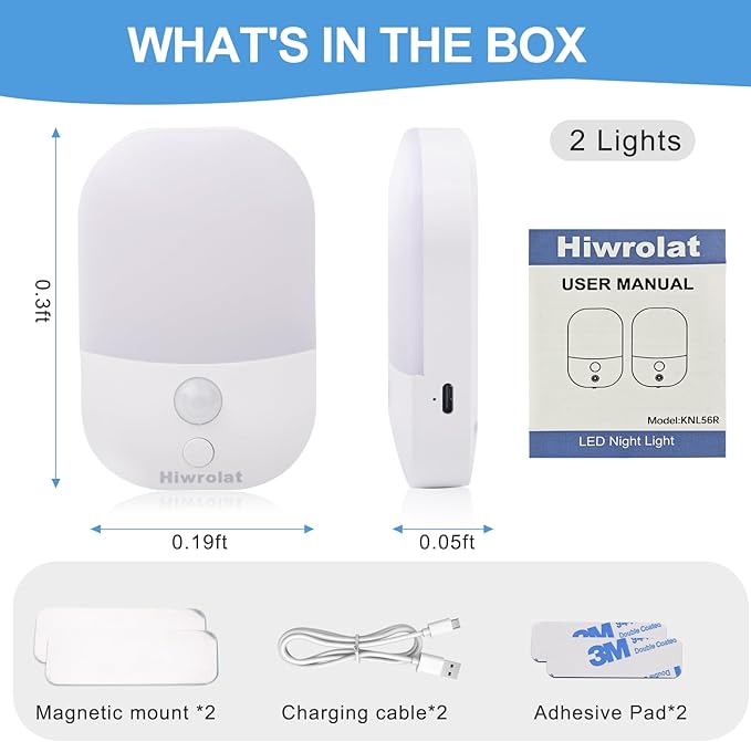 Night Light with Auto Motion Sensor, Rechargeable Battery, Type-C LED Stick-On Stair Lights with Twilight Sensor, Adjustable Brightness, Warm White for Wall, Hallway, Stairs, Cabinet (2 Pack)