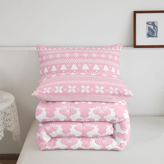 Feelyou Pink Christmas Bedding Set for Kids Boys Girls Toddler Size Xmas Deer Elk Decor Comforter Set Ultra Soft Winter Comforter Snowflake Duvet Quilt Bedroom Decor Christmas Ornaments Quilt