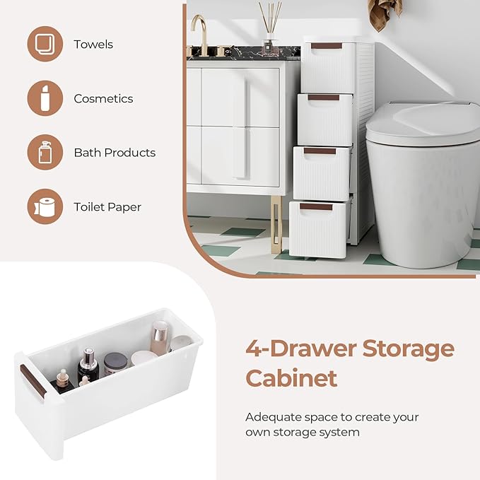 Giantex 4 Drawers Storage Cart, Narrow Plastic Dresser, Rolling Organizer Cart for Office Classroom Bedroom Bathroom Art Craft Supplies, Mobile Slim Utility Cart on Wheels (7.5"x16.5"x29.5")