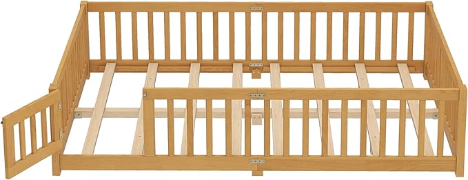 Harper & Bright Designs Queen Size Montessori Bed with Door and Fence, Kid's Floor Bed Frame with Solid Wood Support Slats for Boys, Girls, Natural