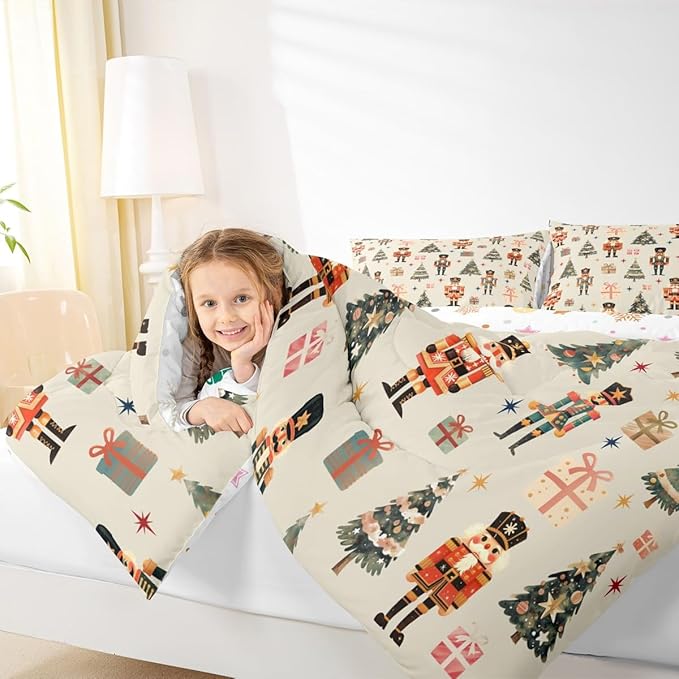 jejeloiu Xmas Nutcracker Comforter Set Twin Size Christmas Beige Bedding Set for Kids Boys Girls Cute Snowflakes Duvet Quilt Bedroom Decor