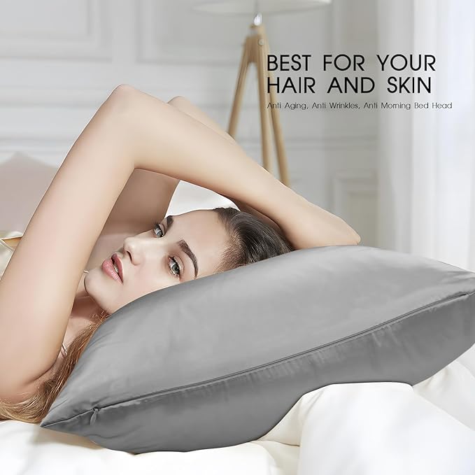 100% Mulberry Silk Pillowcase for Hair and Skin,Both Sides Natural Silk Bed Pillow Case with Hidden Zipper,19 Momme Grade 6A,1pc,Light Grey,Standard Size 20x26 Inches