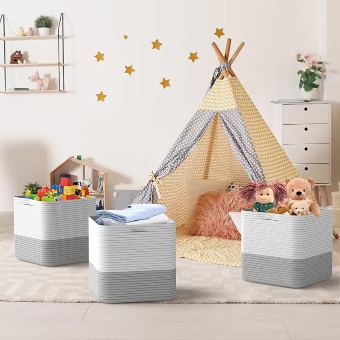 Storage Cotton Cube 11 Inch, Woven Cotton Rope Storage Basket for Toys Blanket Organizing, Storage Bin Decorative Organizer with Handles for Living Room Laundry Room Closet (1 Pack, Grey)
