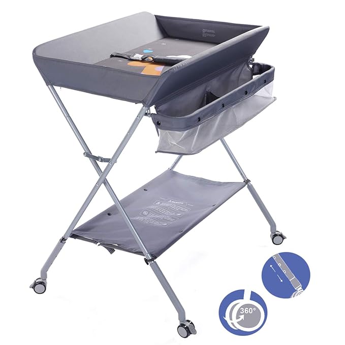 Baby Changing Table Portable Folding Diaper Changing Station with Wheels, Adjustable Height Mobile Nursery Organizer with Safety Belt and Large Storage Racks for Newborn Baby and Infant, Gray