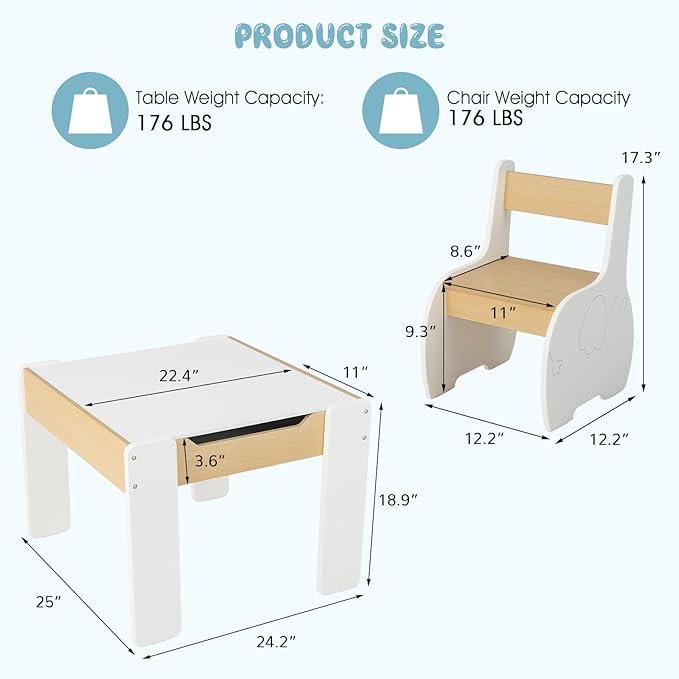 INFANS 3 in 1 Kids Table and Chair Set, Wood Multi Activity Table with Removable Tabletop Storage, Detachable Blackboard for Toddler Playing Drawing Arts Crafts,3 PCS Children Furniture