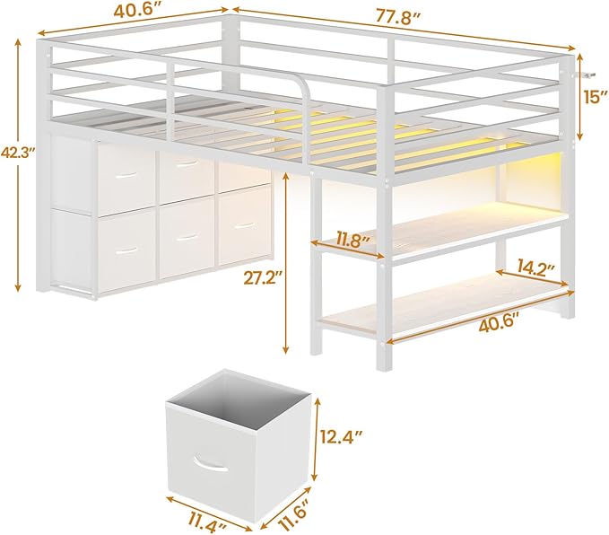 BTHFST Low Loft Bed Twin Size with 6 Storage Drawers, LED Lights, 2 Tier Storage Shelves, Kids Metal Loft Bed with 15" H Stairs & Safety Guardrail, Spave Saving, White
