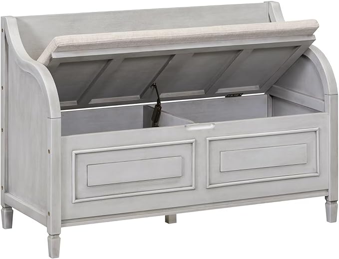 Merax Storage Bench, 41.9” Solid Wood Storage Chest with Backrest and Safety Hinge, Large Storage Space Bench with Upholstered Cushions,Supports 250 lb and Easy Assembly for Small Space, Gray