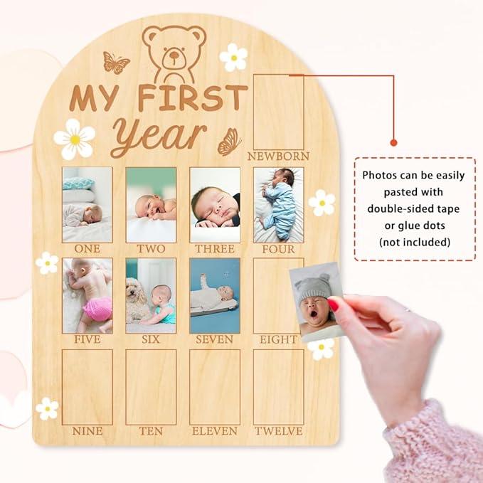 ORIGACH My First Year Baby Growth Photo Display Wood Board - 12 Months Newborn Milestones Photo Board - Neutral Baby Keepsake Frame 1st Birthday Party Nursery Decor New Mom Gift - Bear