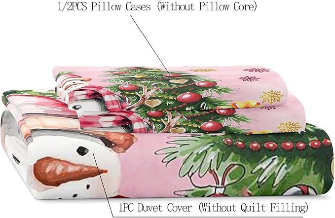 LUVIVIHOME 3PCS Snowman Duvet Cover King Bedding Set, Pink Duvet Cover, Kids Teens Girls Bedding, Christmas Tree Snowflake Holiday New Year Xmas Gifts Christmas Comforter Quilt Cover, 2 Pillow Shams