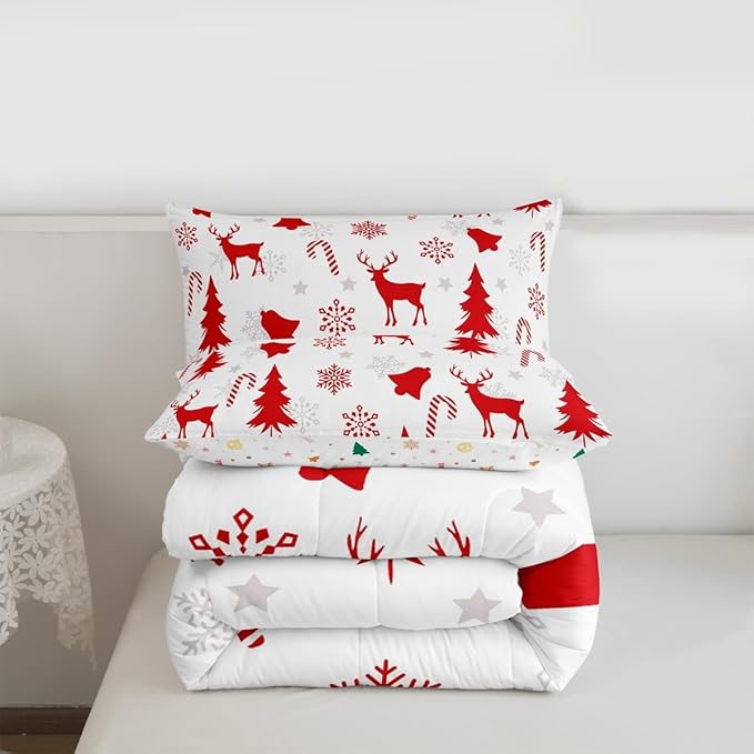 Feelyou Merry Christmas Bedding Set Soft for Boys Girls, Xmas Tree Reindeer Comforter Set King Size Candy Cane Bell Duvet Quilt Microfiber Snowflake Bedroom Decor 3 Pcs with 2 Pillow Cases