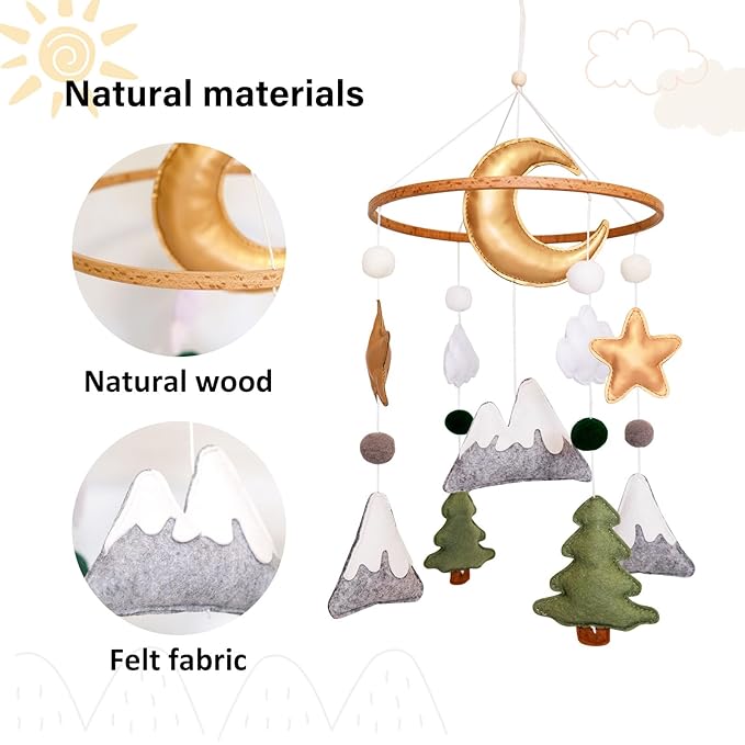 Woodland Baby Crib Mobile, Mountain Mobile for Crib for Boys & Girls, Neutral Nursery Mobile, Baby Shower Gift, with Moon, Trees, Stars & Clouds