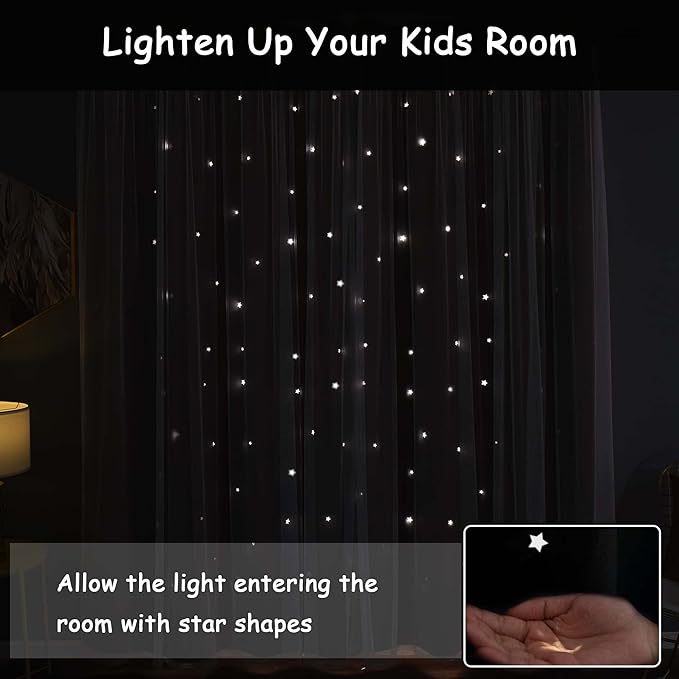Kinryb Kids Blackout Curtains for Bedroom/Living Room/Classroom, Sheer Overlay Extra Long 2 Panel Set, Double Layer Curtains with Star Cutout for Kids Room(W 52 x L 108 Inches,Grey 2 Pcs)