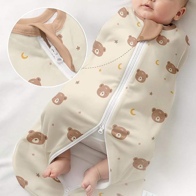 Baby Swaddle 0-2 Months, Cotton Arm-In Zipper Sleep Sack, Wearable Blankets Wrap for Newborn Infant Girls, Boys (Bear, Star Moon, Pack of 2)