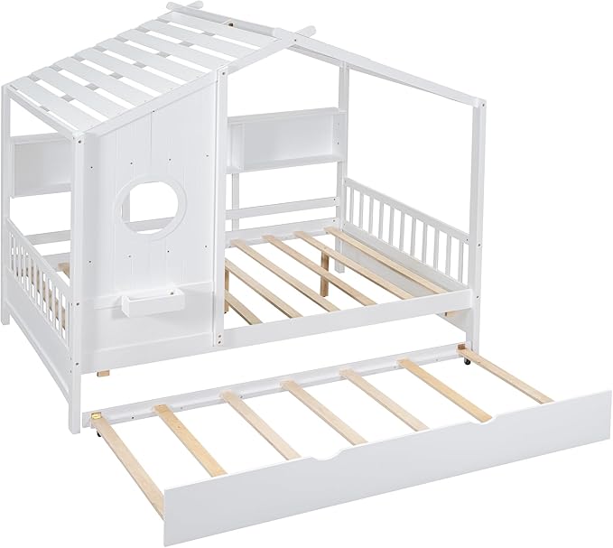 Linique Wooden Full Size House Bed with Trundle and Storage Shelf,Modern Design Full Platform Bed Frame with Pitched Roof,White