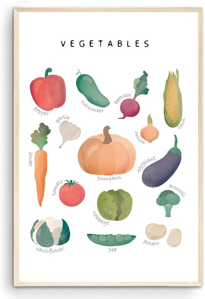 OZCONO Vegetables and Fruits Educational Posters, Harvest Chart Kids, Classroom Decor, Rainbow Nursery Wall Art, Homeschool Education Guide (Unframed) (11x14)
