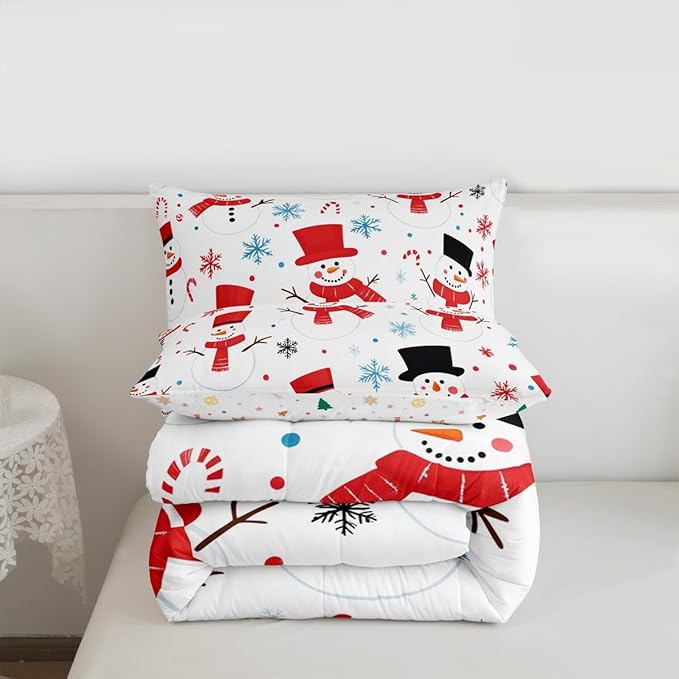 Feelyou Merry Christmas Comforter Set All Season Snowman Bedding Set with 1 Pillow Cases Winter Holiday Microfiber Kids Toddler Bedclothes New Year Gift Bedroom Decor Duvet Quilt Soft Lightweight