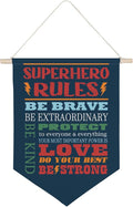 QODUNG Inspirational Quote Superhero Rules Avengers Room Decor,Cool Wall Decor for Boys,Bedroom,Playroom,Toddler and Kids Room,Wall Hanging Pennant Flag Canvas Banner