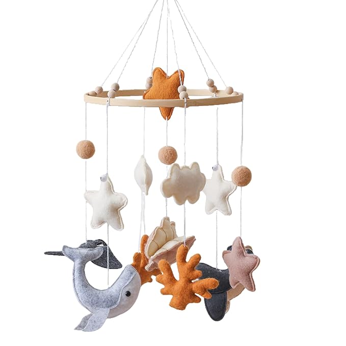 Baby Crib Mobile - Cartoon Toys Hangable Marine Animal Decoration for Nursery, Durable Soft Design with Rotating Bell, Baby Bed Ornament for Bassinet, Boys, Girls, Bedroom, Crib, 12x12x8 Inches