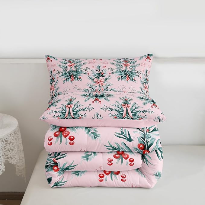 Feelyou Merry Christmas Kids Comforter Set Toddler Size Green Xmas Tree Bedding Set Pink Bow Duvet Quilt for Kids Boys Girls Bedroom Decor Microfiber Ultra Soft Breathable