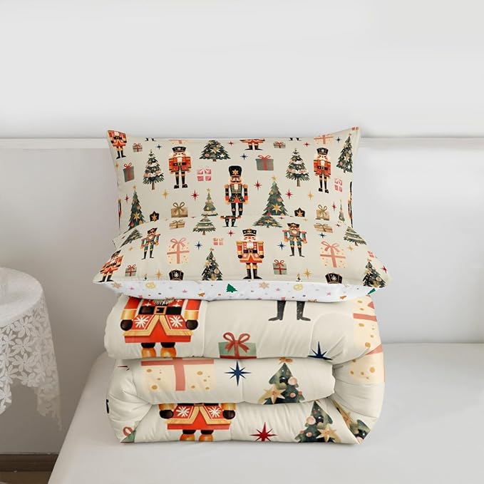 jejeloiu Xmas Nutcracker Comforter Set Full Size Christmas Beige Bedding Set for Kids Boys Girls Cute Snowflakes Duvet Quilt Bedroom Decor