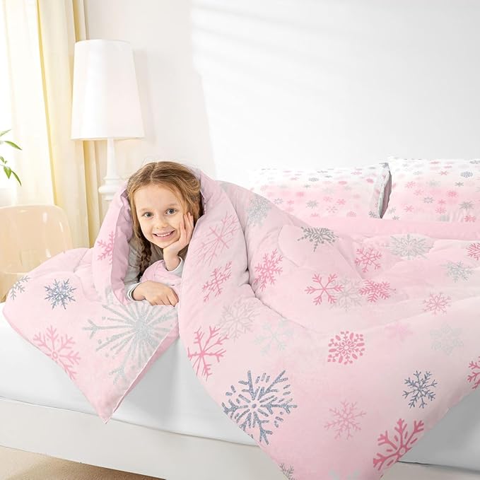 Feelyou Pink Snowflake Comforter Set Full, Glitter Snowflake Comforter for Boys Girls Winter Theme Bedding Set Winter Holiday Duvet Set Decorative 3Pcs