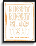 Bedtime Quote Wall Art, sleep tight message, playful kids wall decor, matte finish framed canvas print, nursery poster artwork, for nursery kids room birthday gift, 12x15 inch