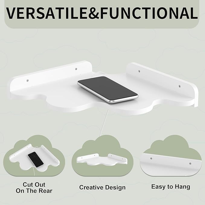Cloud Corner Shelf Wall Mount, 2-Tier Floating Wavy Corner Wall Shelves with Cord Hole, White Funky Corner Shelves for Kid’s Room, Cute Shelves Display for Nursery,Bedroom,2 Sizes in One Set.