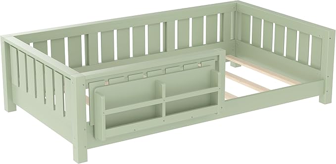 Bellemave Twin Size Floor Bed with high Rails and with Built-in Bookshelf for Kids, Girls, Boys, Wood Montessori Floor Bed Without Door, Avocado Green