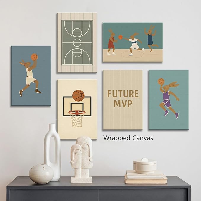 Basketball Canvas Wall Art, Nursery Animal Sports Posters, Bunny Rabbit Athletes Pictures, Positive Quote Print, Kids Bedroom Basketball Court & Hoop Decor 12x16in Framed